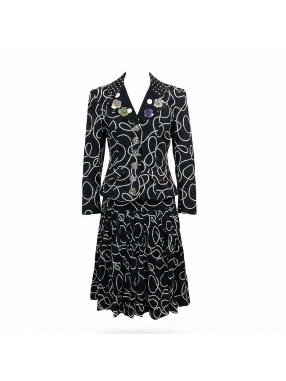Platinum Womens Black & White Cotton Blazer And Flowy Skirt 2-Piece Set